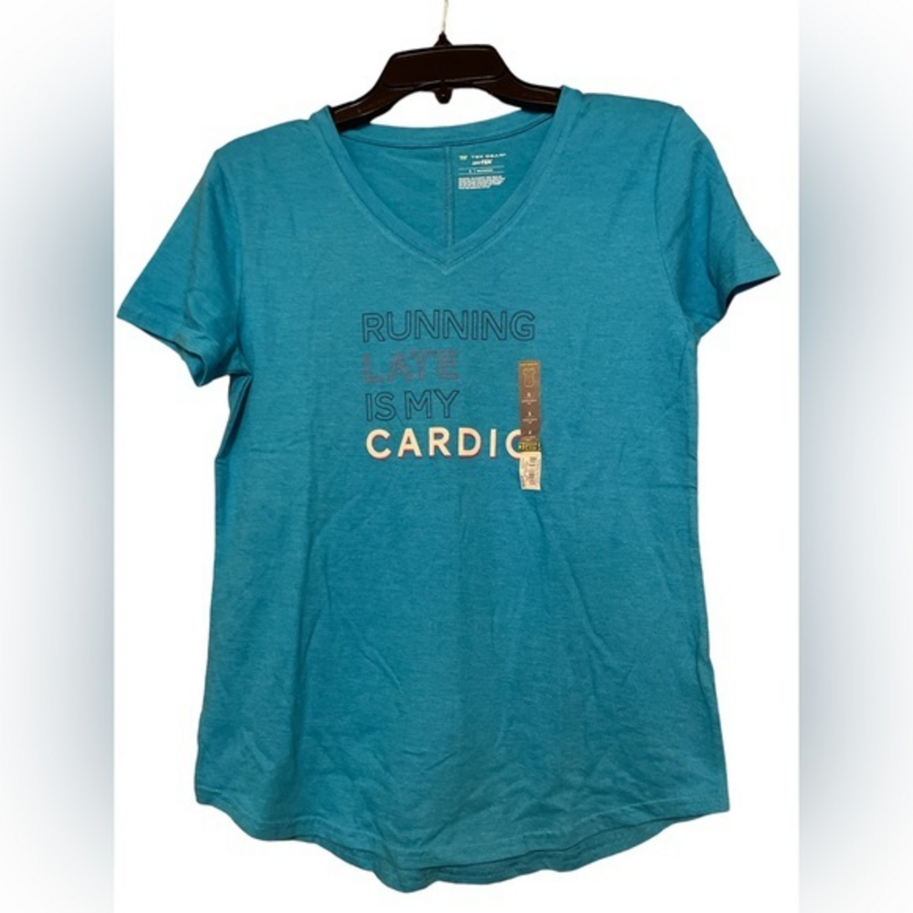 Tek Gear Women’s Dry Tek V Neck Graphic Tee Running Late is My Cardio Small NWT